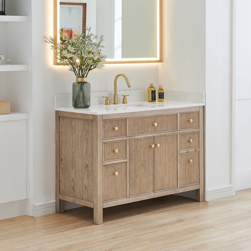 Beyaz Masif Ladin Ahşap Gövdeli Endüstriyel Taş Tezgahlı 7 Çekmeceli Banyo Lavabo Dolabı - 122 cm - 199793