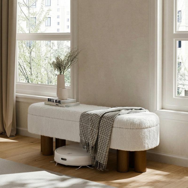 Beyaz Masif Meşe Ayaklı Bukle Kumaş Sandıklı Puf - 131 cm - 164845