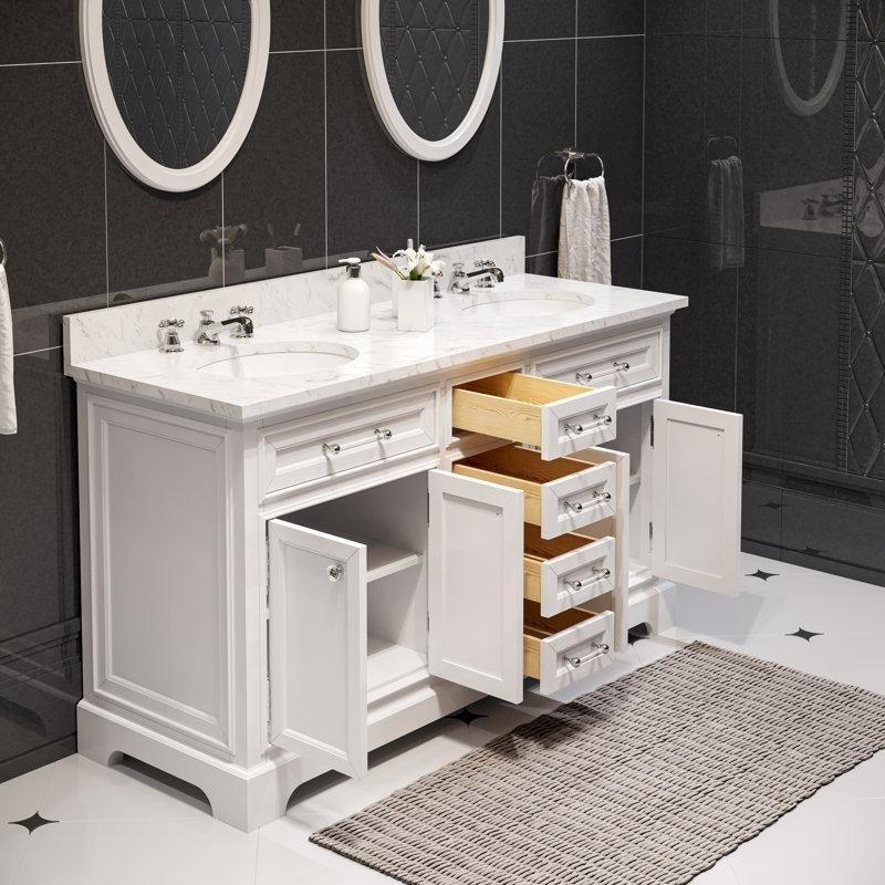 Beyaz Masif Okaliptüs Ahşap Mermer Tezgahlı Çift Lavabolu Yavaş Kapanır Banyo Lavabo Dolabı - 153 cm - 200854