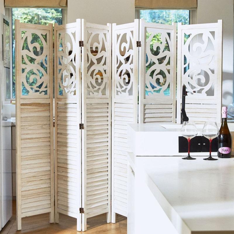 Beyaz Masif Pavlonya Ağacı Oymalı Katlanır Ayaklı Paravan - 171x240 cm - 184296