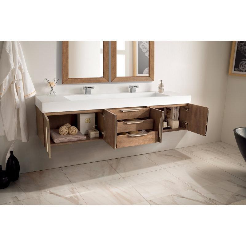 Beyaz Masif ve Endüstriyel Ahşap Duvara Monte İkili Lavabolu Banyo Dolabı - 185 cm - 199236