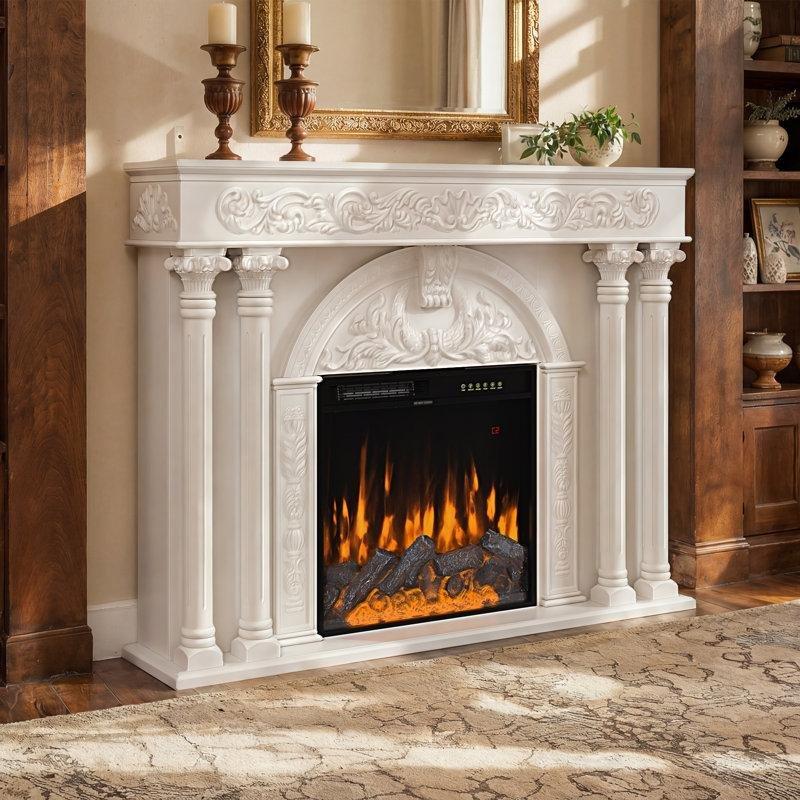 Beyaz Masif ve Endüstriyel Ahşap Roma Tarzı Sütunlu Uzaktan Kumandalı Elektrikli Şömine - 140 cm - 184317
