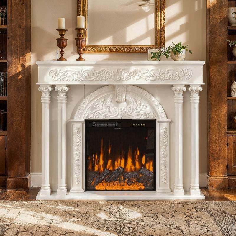 Beyaz Masif ve Endüstriyel Ahşap Roma Tarzı Sütunlu Uzaktan Kumandalı Elektrikli Şömine - 140 cm - 184317