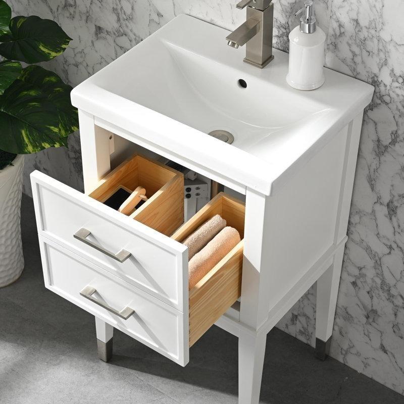 Beyaz Masif ve Endüstriyel Ahşap Seramik Tezgahlı Çekmeceli Banyo Lavabo Dolabı - 51 cm - 200268