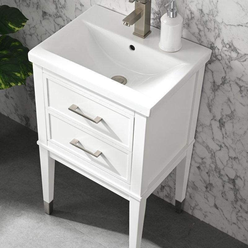 Beyaz Masif ve Endüstriyel Ahşap Seramik Tezgahlı Çekmeceli Banyo Lavabo Dolabı - 51 cm - 200268