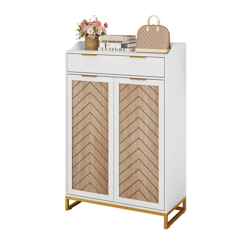 Beyaz Masif ve MDF Ahşap 5 Raflı Çekmeceli Kapaklı Balıksırtı Desenli Ayakkabılık Dolabı - 122x73x36 cm - 228976