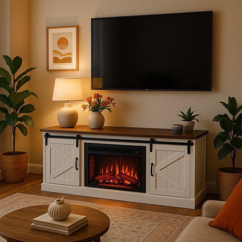 Beyaz Masif ve MDF Ahşap Sürgülü Kapaklı Şömineli Kır Evi Stili TV Ünitesi - 171 cm - 222160