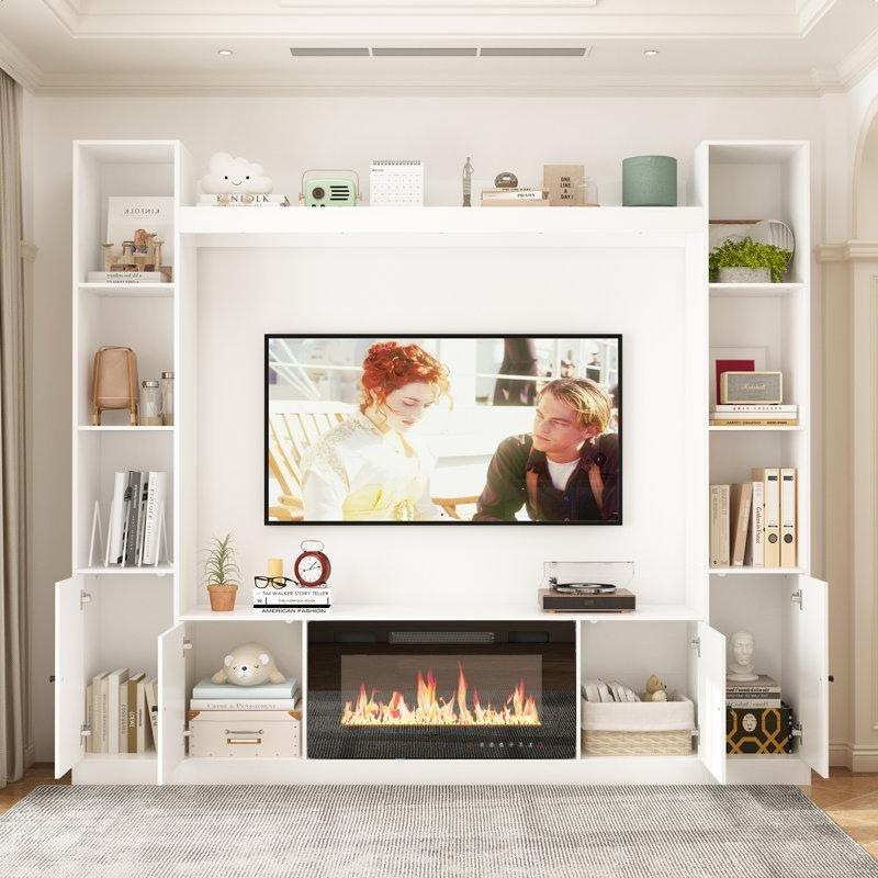 Beyaz Masif ve MDF Şömineli Kitaplıklı TV Ünitesi - 206 cm - 221001