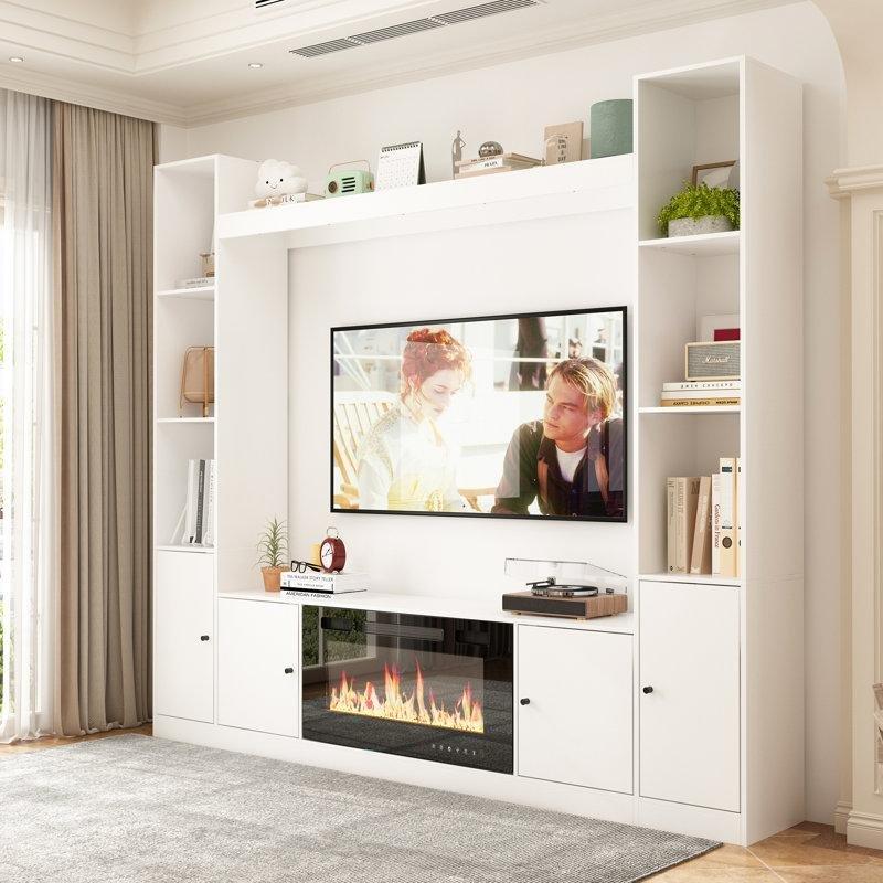 Beyaz Masif ve MDF Şömineli Kitaplıklı TV Ünitesi - 206 cm - 221001