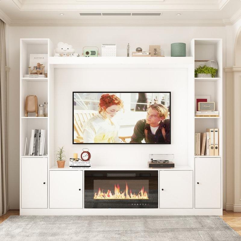 Beyaz Masif ve MDF Şömineli Kitaplıklı TV Ünitesi - 206 cm - 221001