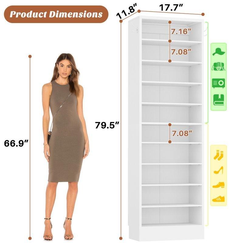 Beyaz MDF 10 Raflı Ayarlanabilir Dar Ayakkabılık - 45x30x202 cm - 230123