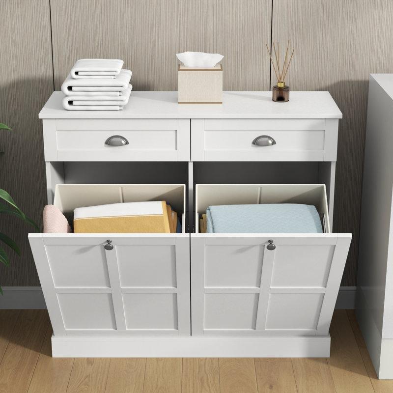 Beyaz MDF 2 Çekmeceli 2 Bölmeli Dışa Açılır Dolaplı Çamaşır Sepeti - 101x91 cm - 187362