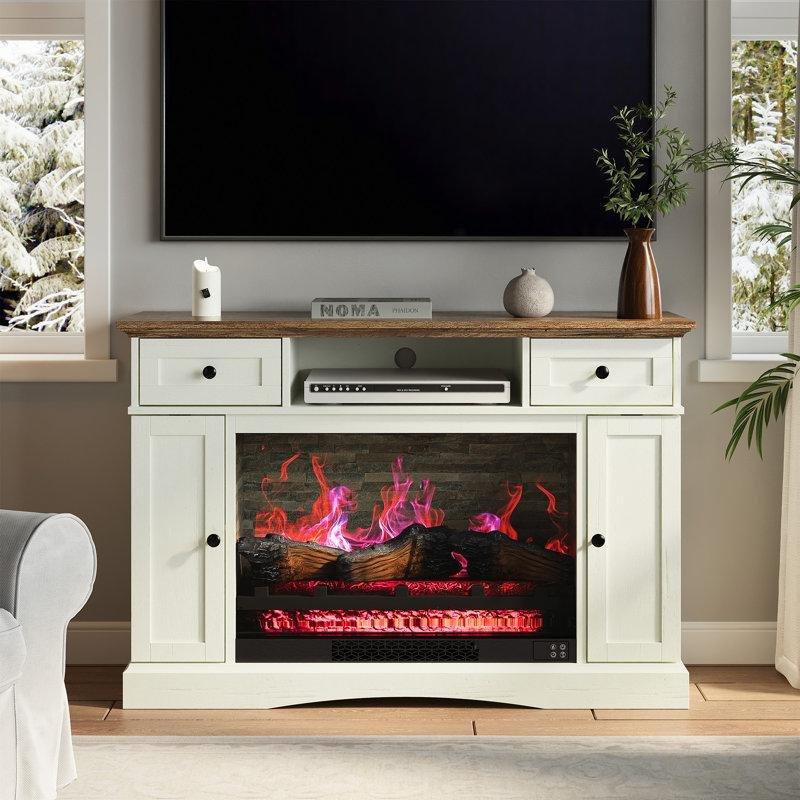 Beyaz MDF 2 Çekmeceli 2 Kapaklı Şömineli TV Ünitesi - 120 cm - 221778
