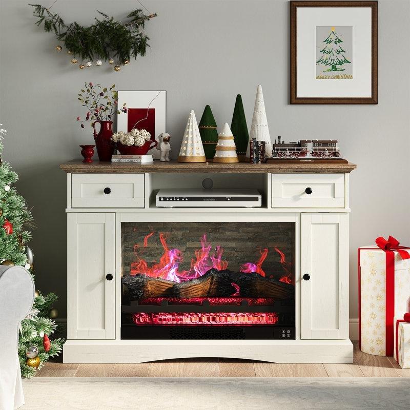 Beyaz MDF 2 Çekmeceli 2 Kapaklı Şömineli TV Ünitesi - 120 cm - 221778