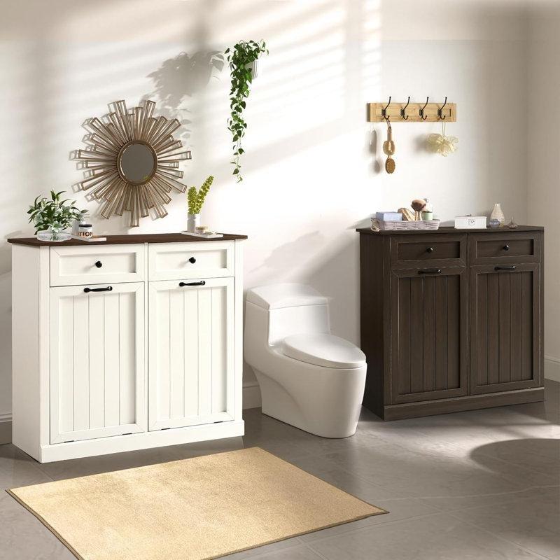 Beyaz MDF 2 Çekmeceli Çift Bölmeli Devrilir Kapaklı Dolaplı Çamaşır Sepeti - 101x34x91 cm - 187506