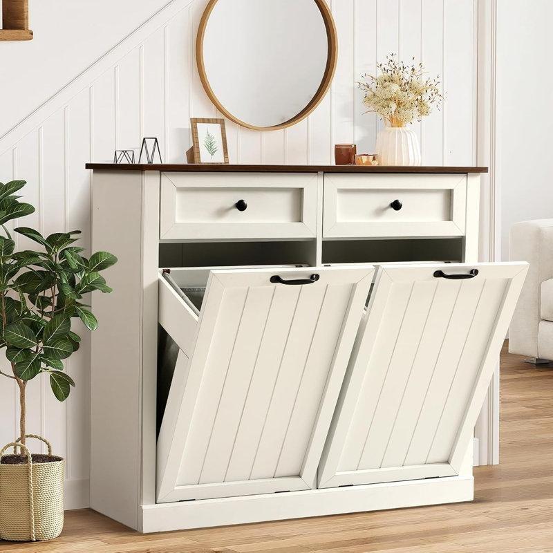 Beyaz MDF 2 Çekmeceli Çift Bölmeli Devrilir Kapaklı Dolaplı Çamaşır Sepeti - 101x34x91 cm - 187506