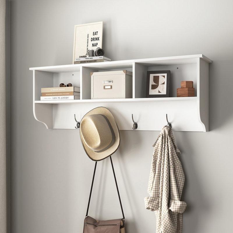 Beyaz MDF 3 Bölmeli ve 4 Askılı Duvar Rafı - 99 cm - 179341