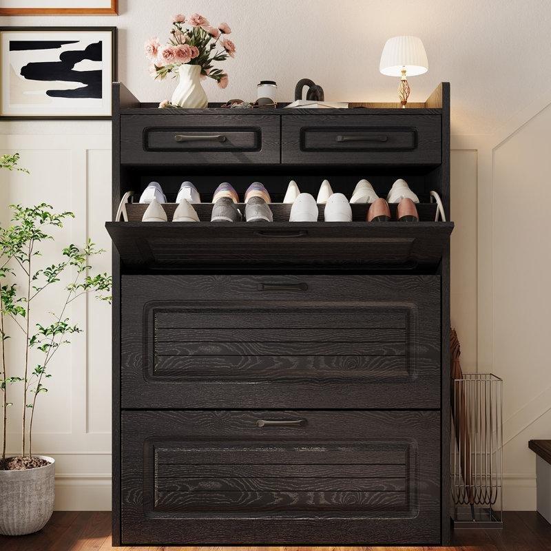Beyaz MDF 3 Düşer Kapaklı 2 Çekmeceli İnce Tasarım Ayakkabılık - 81x25x129 cm - 227341