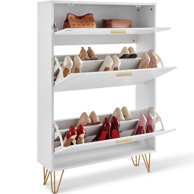 Beyaz MDF 3 Düşer Kapaklı Masif Ahşap Ayaklı Ayakkabılık - 81x24x120 cm - 228572