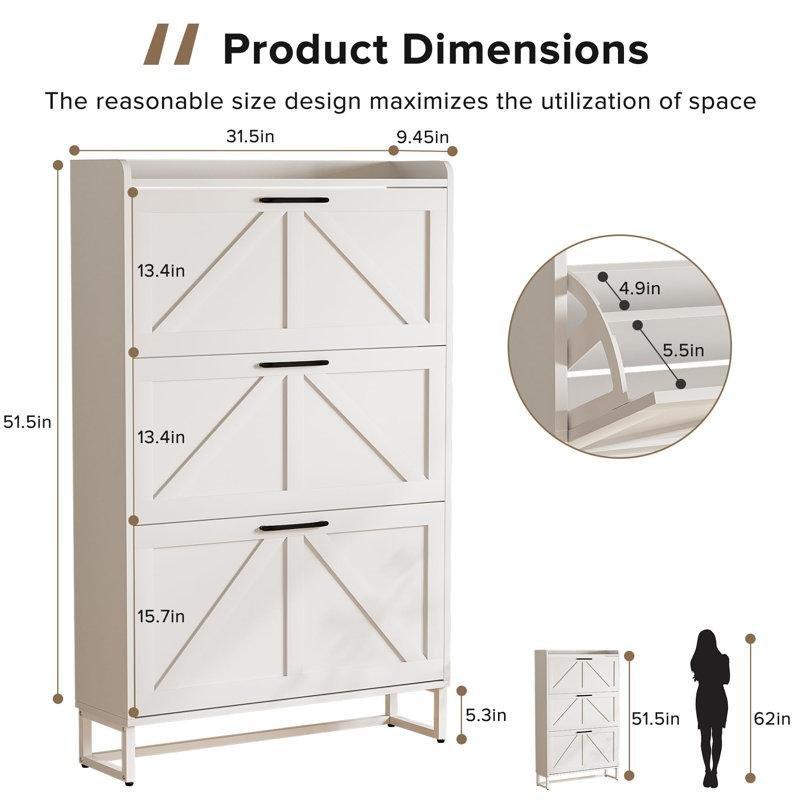 Beyaz MDF 3 Düşer Kapaklı Metal Ayaklı Ayakkabılık - 131x81x25 cm - 228082