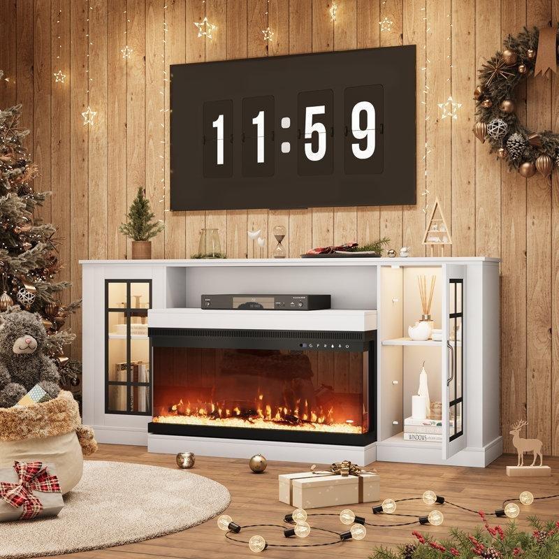 Beyaz MDF 3 Taraflı Camlı Elektrikli Şömineli TV Ünitesi - 178 cm - 222325