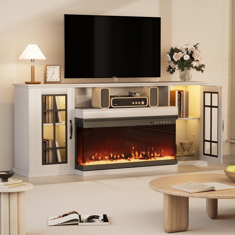 Beyaz MDF 3 Taraflı Camlı Elektrikli Şömineli TV Ünitesi - 178 cm - 222325