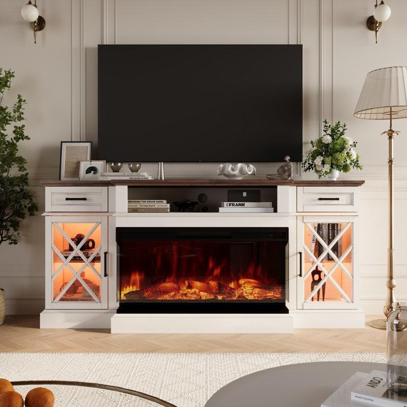 Beyaz MDF 3 Taraflı Camlı Elektrikli Şömineli TV Ünitesi - 179 cm - 222247