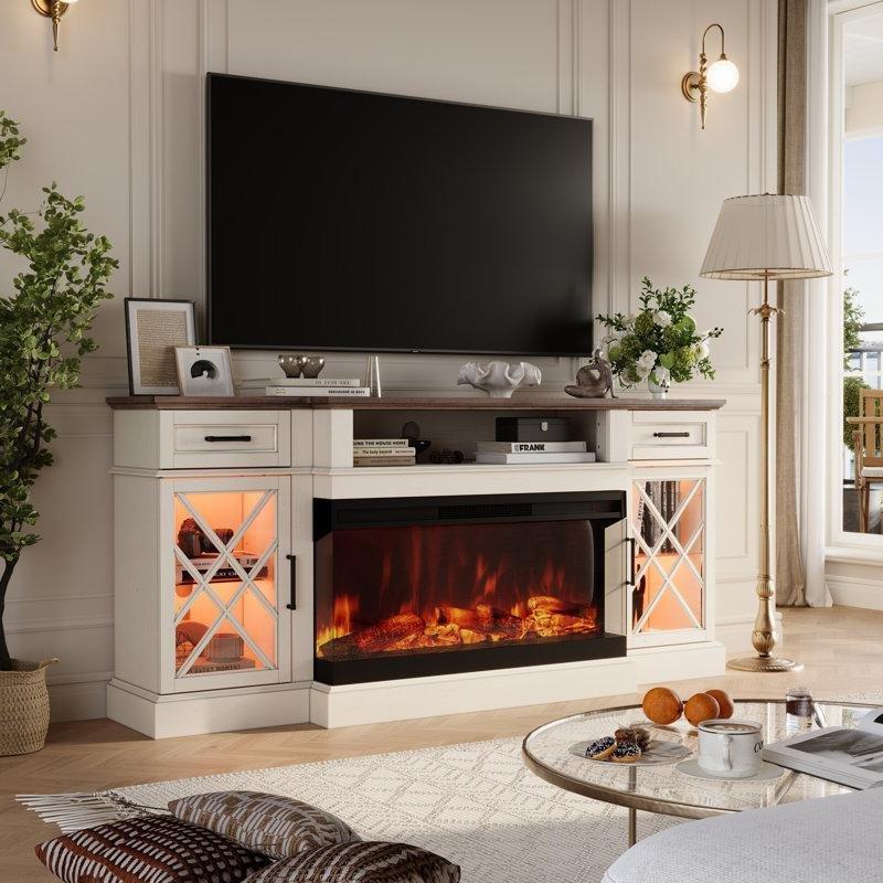 Beyaz MDF 3 Taraflı Camlı Elektrikli Şömineli TV Ünitesi - 179 cm - 222247