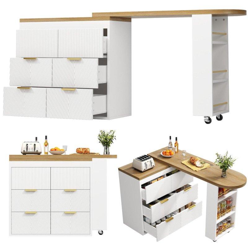 Beyaz MDF 360° Dönebilen Açılır 6 Çekmeceli Bar Masası - 203x39x90 cm - 232668