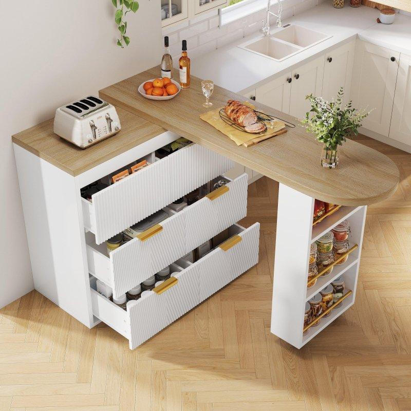 Beyaz MDF 360° Dönebilen Açılır 6 Çekmeceli Bar Masası - 203x39x90 cm - 232668