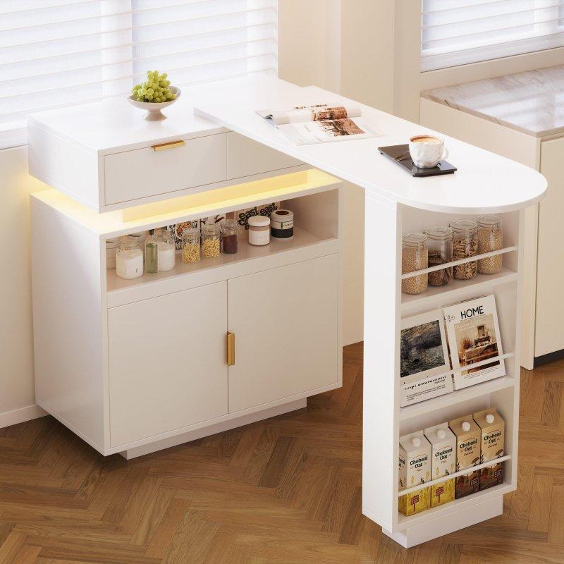 Beyaz MDF 360° Dönebilen LED Aydınlatmalı Dolaplı Bar Masası - 183 cm - 232642