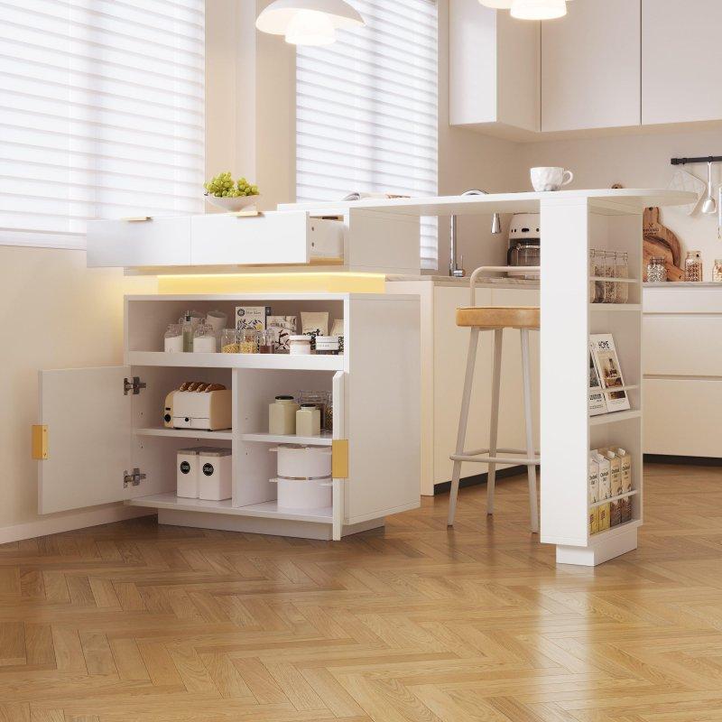 Beyaz MDF 360° Dönebilen LED Aydınlatmalı Dolaplı Bar Masası - 183 cm - 232642