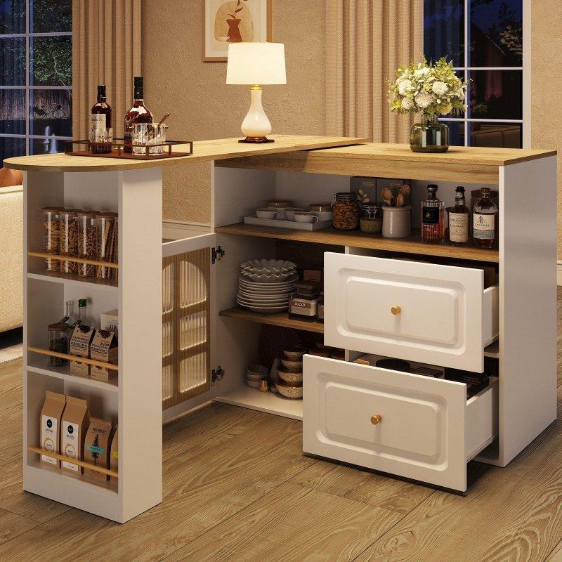 Beyaz MDF 360° Dönebilen Raflı ve Çekmeceli Bar Masası - 204 cm - 232679