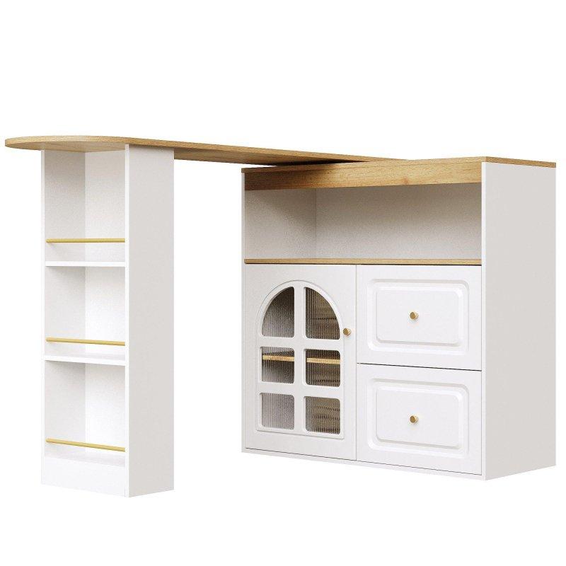 Beyaz MDF 360° Dönebilen Raflı ve Çekmeceli Bar Masası - 204 cm - 232679