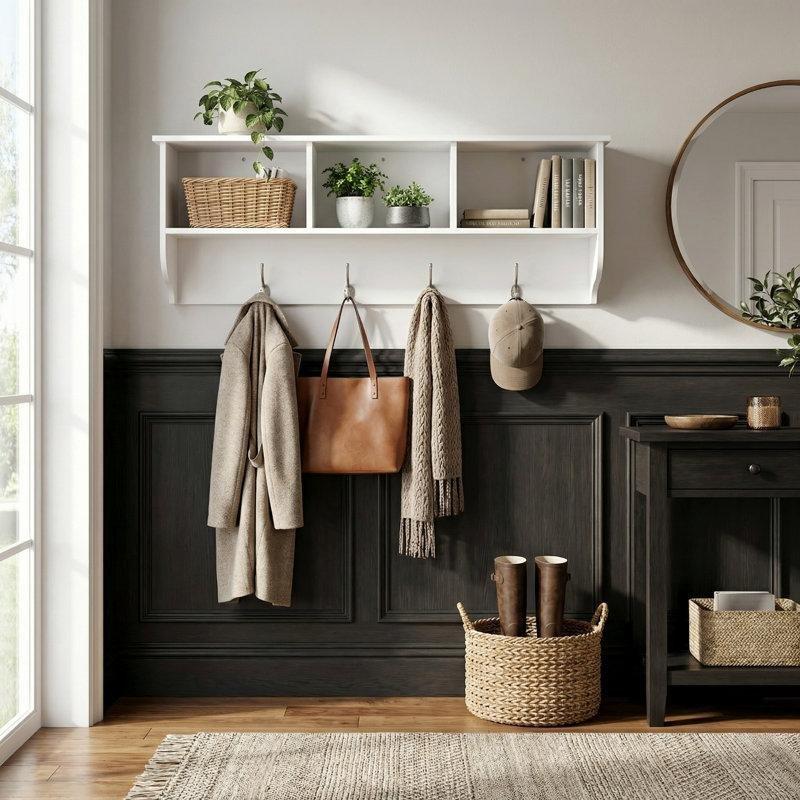 Beyaz MDF 4 Kancalı 3 Bölmeli Askılı Duvar Rafı - 98 cm - 179371