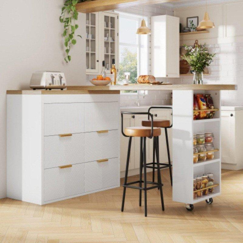 Beyaz MDF 6 Çekmeceli Dönebilir Raflı Açılır Bar Masası - 232353