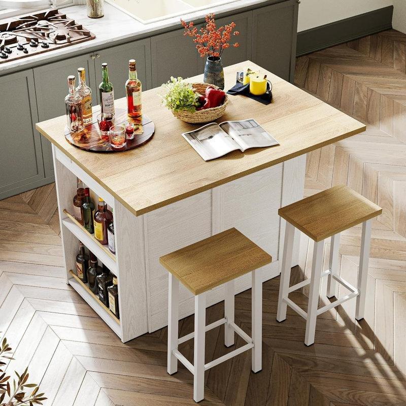 Beyaz MDF Açılır Kanatlı Dolaplı ve Çekmeceli 2 Tabureli Mutfak Adası Seti - 121 cm - 176893