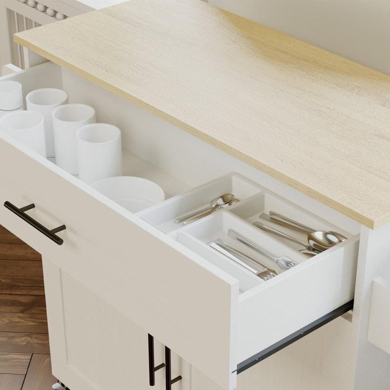 Beyaz MDF Açılır Kapanır Tekerlekli ve Çekmeceli Mutfak Adası - 90 cm - 176653