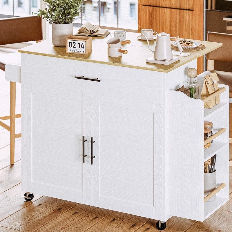Beyaz MDF Açılır Kapanır Tekerlekli ve Çekmeceli Mutfak Adası - 90 cm - 176653
