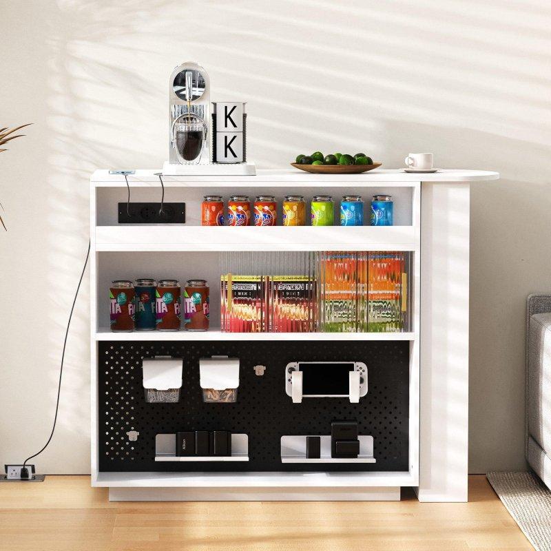 Beyaz MDF Açılır LEDli Prizli Dolaplı ve Raflı Bar Masası - 120x50x96 cm - 232239