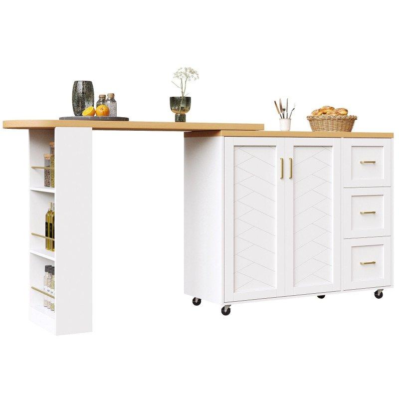 Beyaz MDF Açılır Tekerlekli Depolama Alanlı Bar Masası - 135-228x39x104 cm - 232313