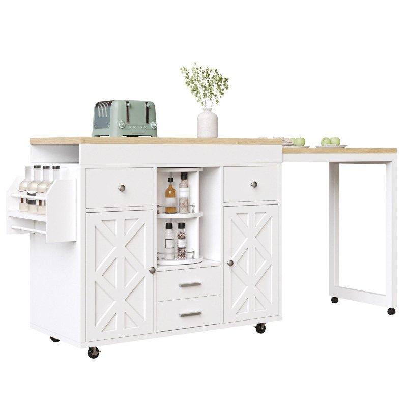 Beyaz MDF Açılır Tekerlekli Raflı Bar Masası - 110x40 cm - 232510