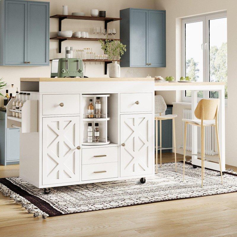 Beyaz MDF Açılır Tekerlekli Raflı Bar Masası - 110x40 cm - 232510
