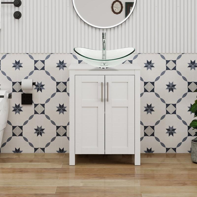 Beyaz MDF Ayaklı Cam Çanak Lavabolu Bataryalı Banyo Dolabı - 60 cm - 201451