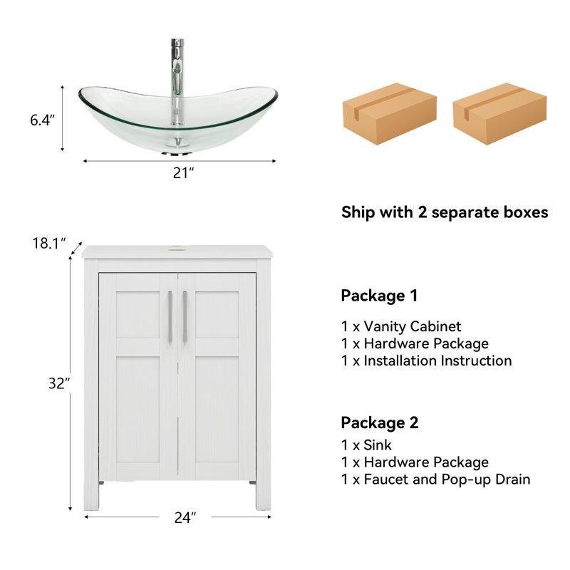 Beyaz MDF Ayaklı Cam Çanak Lavabolu Bataryalı Banyo Dolabı - 60 cm - 201451