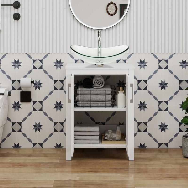 Beyaz MDF Ayaklı Cam Çanak Lavabolu Bataryalı Banyo Dolabı - 60 cm - 201451