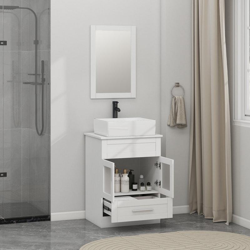 Beyaz MDF Aynalı Çekmeceli Ayaklı Banyo Lavabo Dolabı - 61 cm - 201248