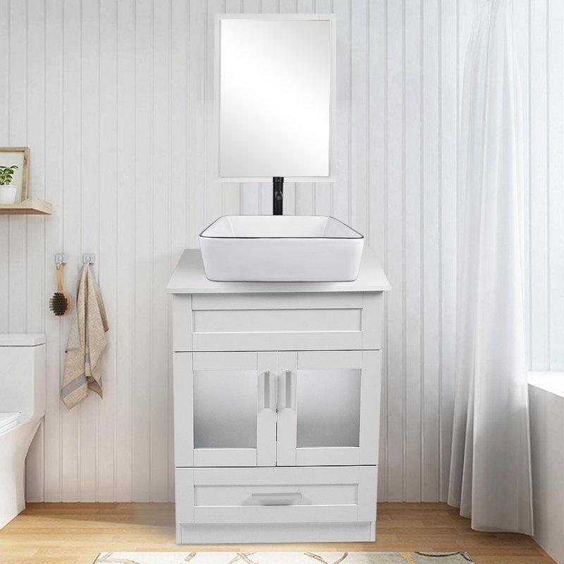 Beyaz MDF Aynalı Çekmeceli Ayaklı Banyo Lavabo Dolabı - 61 cm - 201248
