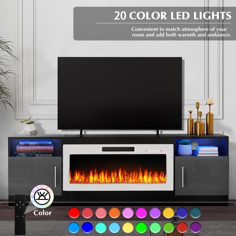 Beyaz MDF Aynalı LED Işıklı Şömineli TV Ünitesi - 178 cm - 221113