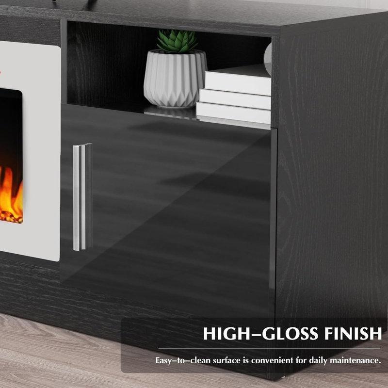 Beyaz MDF Aynalı LED Işıklı Şömineli TV Ünitesi - 178 cm - 221113